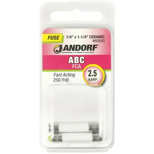 Jandorf 60600 Fast Acting Fuse, 2.5 A, 250 V, 100 A, 10 kA Interrupt, Ceramic Body Gray