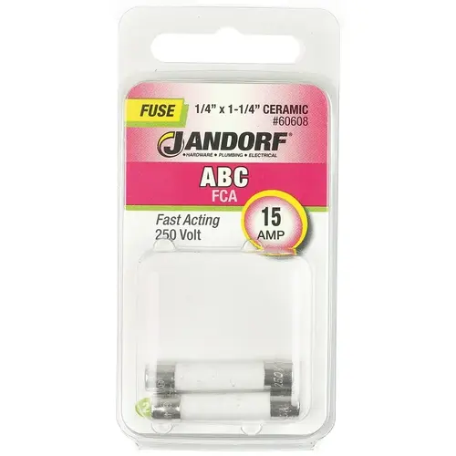 Jandorf 60608 Fast Acting Fuse, 15 A, 250 V, 750 A, 10 kA Interrupt, Ceramic Body Gray