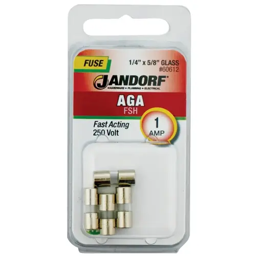Jandorf 60612 Fast Acting Fuse, 1 A, 250 V, 35 A, 10 kA Interrupt, Glass Body