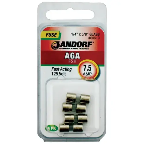 Jandorf 60619 Fast Acting Fuse, 7.5 A, 125 V, 1 kA Interrupt, Glass Body