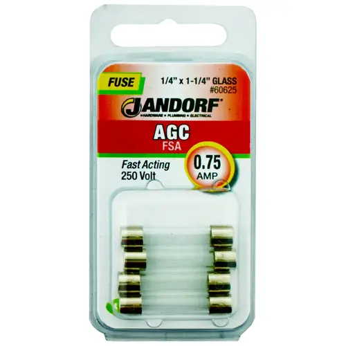 Jandorf 60625 Fast Acting Fuse, 0.75 A, 250 V, 35 A, 10 kA Interrupt, Glass Body