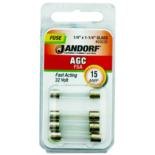 Jandorf 60638 Fast Acting Fuse, 15 A, 32 V, 1 kA Interrupt, Glass Body
