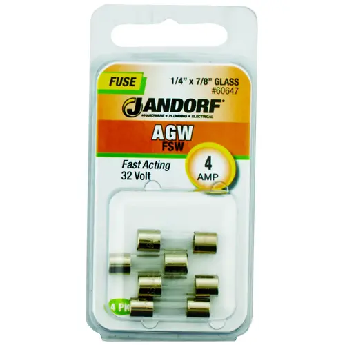 Jandorf 60647 Fast Acting Fuse, 4 A, 32 V, 10 kA Interrupt, Glass Body