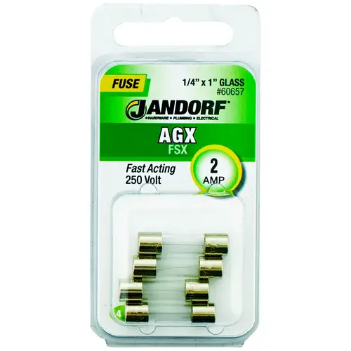 Jandorf 60657 Fast Acting Fuse, 2 A, 250 V, 100 A, 10 kA Interrupt, Glass Body