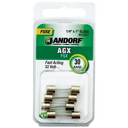 Jandorf 60662 Fast Acting Fuse, 30 A, 32 V, 100, 1000 A Interrupt, Glass Body