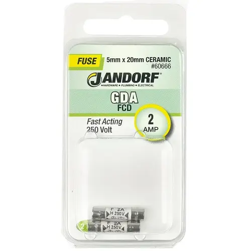 Jandorf 60666 Fast Acting Fuse, 2 A, 250 V, 1500 A Interrupt, Ceramic Body