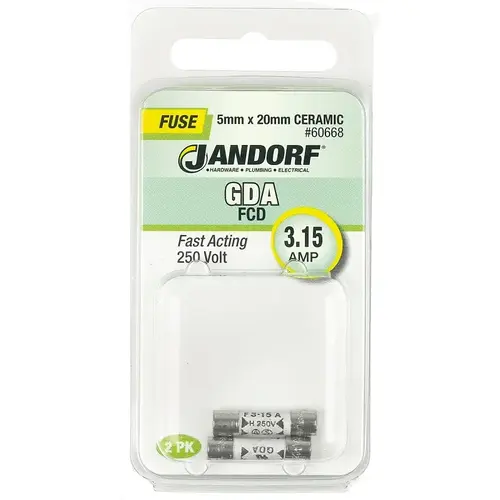 Jandorf 60668 Fast Acting Fuse, 3.15 A, 250 V, 1500 A Interrupt, Ceramic Body