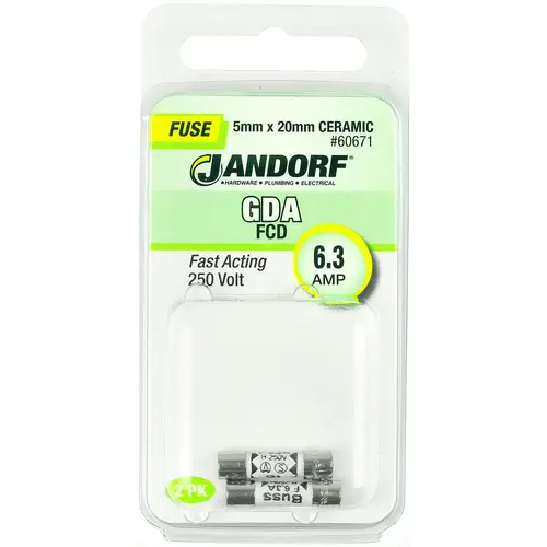 Jandorf 60671 Fast Acting Fuse, 6.3 A, 250 V, 1500 A Interrupt, Ceramic Body