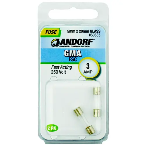 Jandorf 60685 Fast Acting Fuse, 3 A, 250 V, 100 A, 10 kA Interrupt, Glass Body