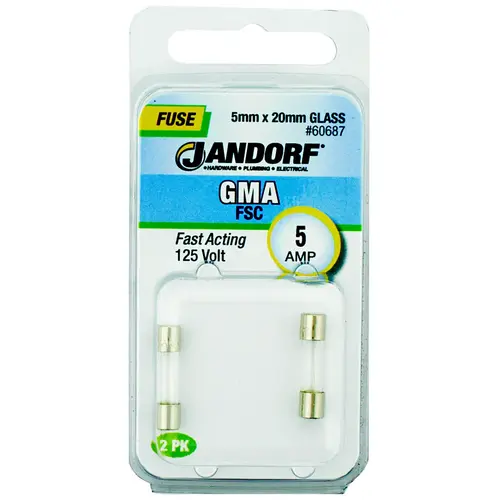 Jandorf 60687 Fast Acting Fuse, 5 A, 125 V, 10 kA Interrupt, Glass Body