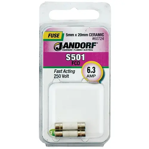 Jandorf 60724 Fast Acting Fuse, 6.3 A, 250 V, 1500 A Interrupt, Ceramic Body