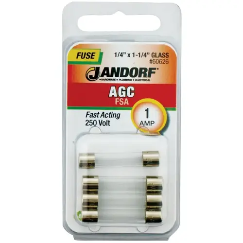 Jandorf 60626 Fast Acting Fuse, 1 A, 250 V, 35 A, 10 kA Interrupt, Glass Body