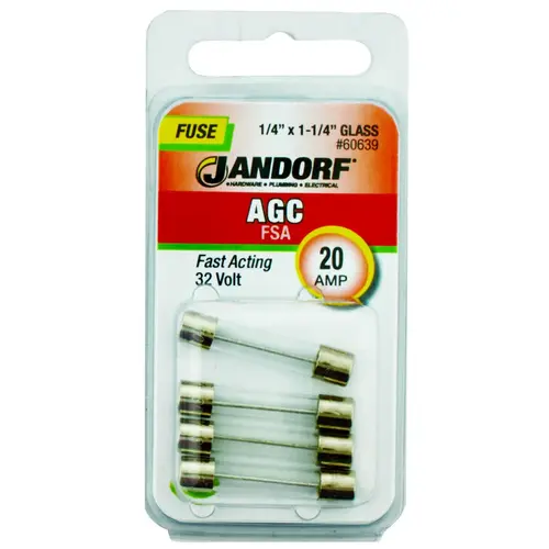 Jandorf 60639 Fast Acting Fuse, 20 A, 32 V, 1 kA Interrupt, Glass Body
