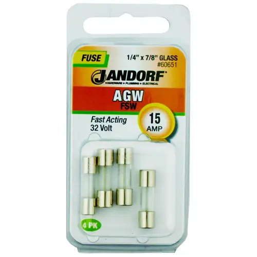 Jandorf 60651 Fast Acting Fuse, 15 A, 32 V, 10 kA Interrupt, Glass Body