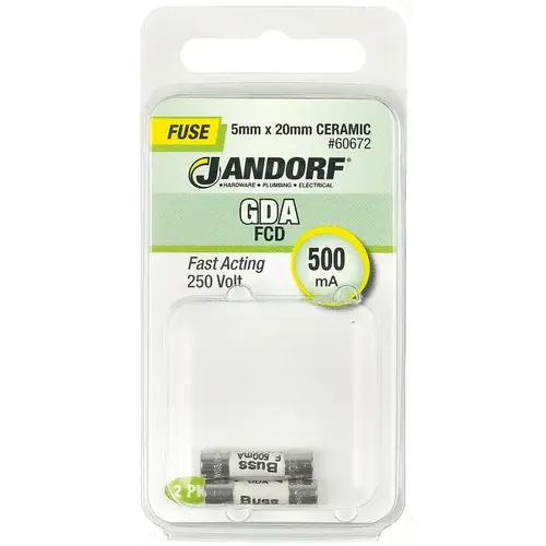 Jandorf 60672 Fast Acting Fuse, 500 mA, 250 V, 1500 A Interrupt, Ceramic Body