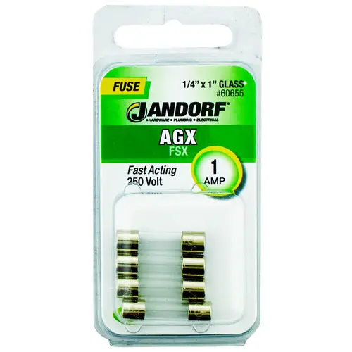Jandorf 60655 Fast Acting Fuse, 1 A, 250 V, 35 A, 10 kA Interrupt, Glass Body