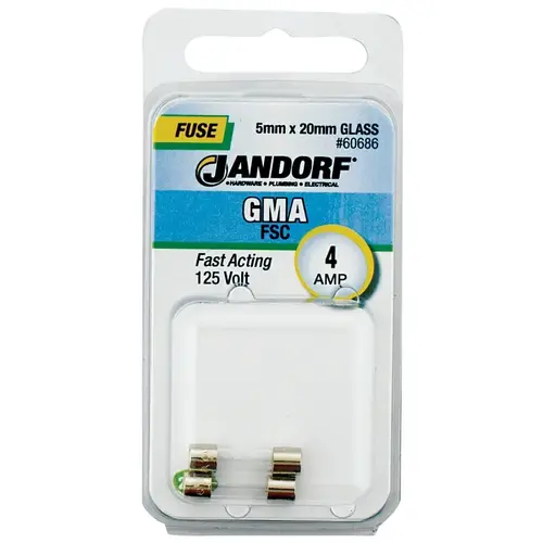 Jandorf 60686 Fast Acting Fuse, 4 A, 125 V, 10 kA Interrupt, Glass Body