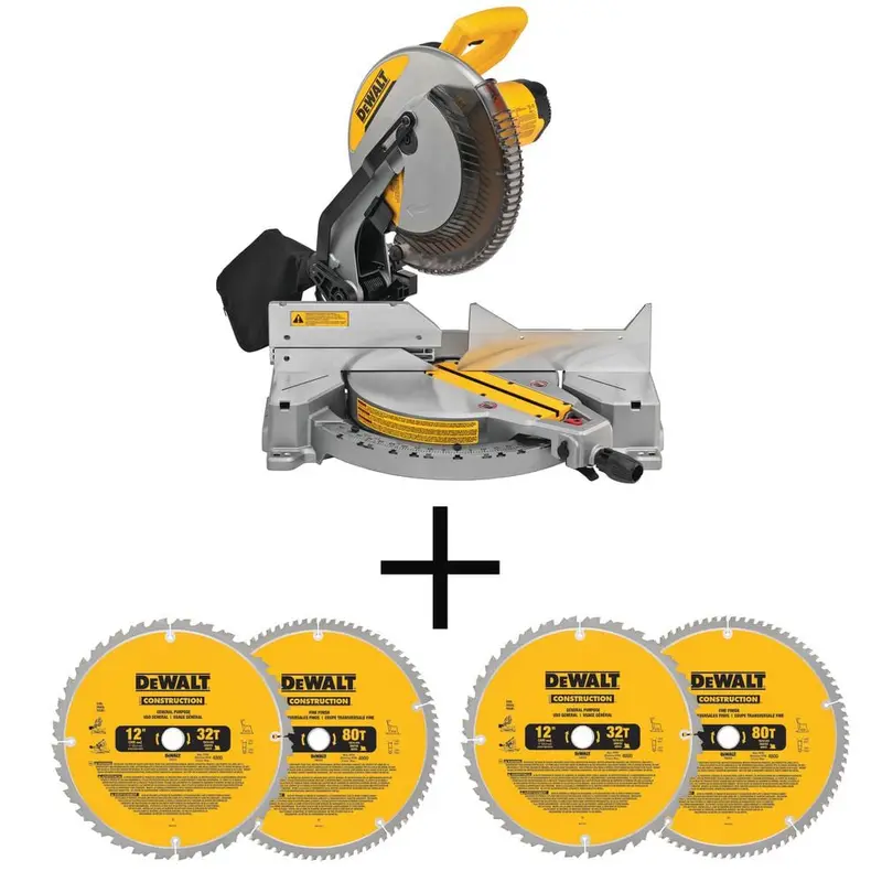 15 Amp Corded 12 in. Compound Single Bevel Miter Saw with 12 in. Miter Saw Blade 32-Teeth and 80-Teeth (4-Pack)
