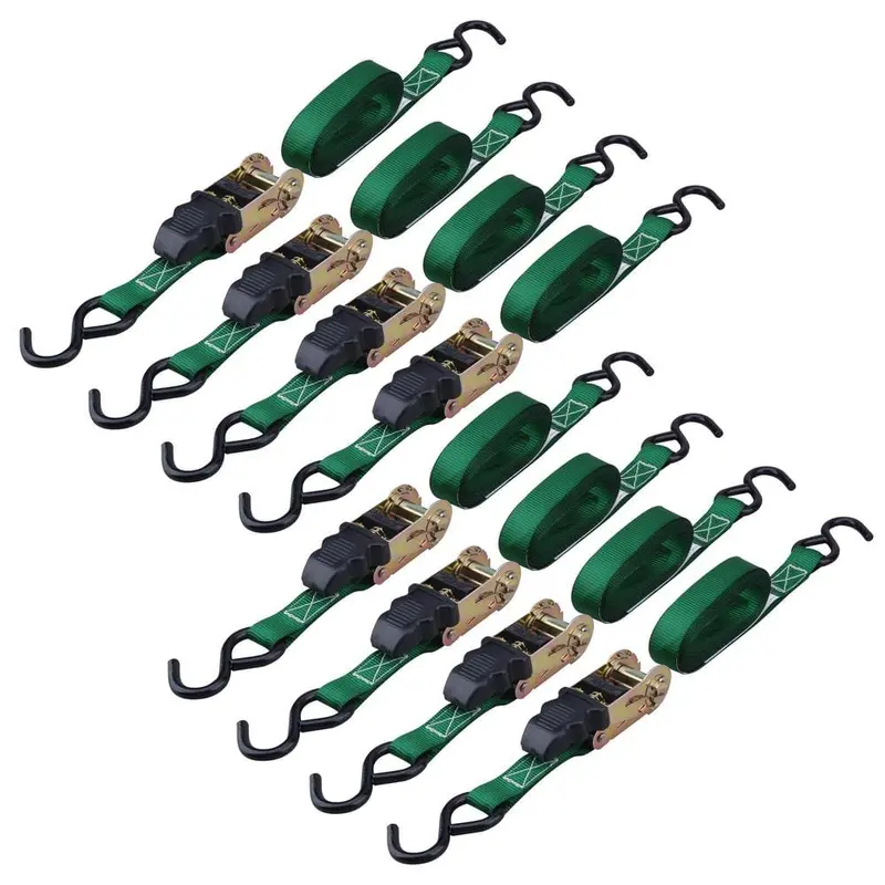 15 ft. x 1 in. Ratchet Tie-Down Strap with 500 lb. Work Load Capacity and Vinyl Covered S-Hook in Green (8-Pack)