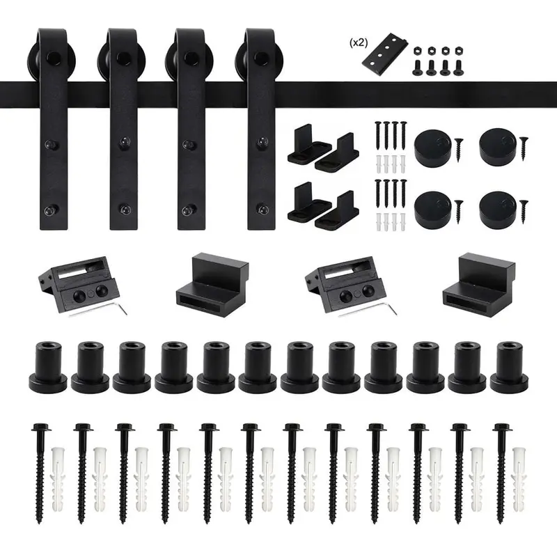 16 ft. /192 in. Frosted Black Sliding Barn Door Hardware Track Kit for Double Doors with Non-Routed Floor Guide