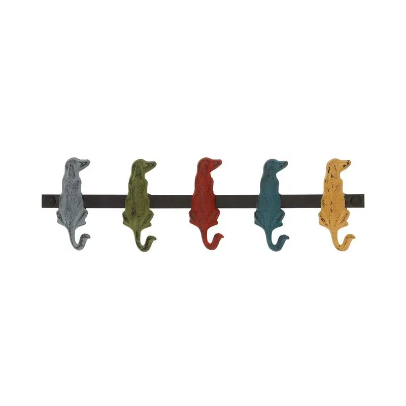 19 in. W x 5 in. H Iron Dogs with Curled Tails Wall Hook in Distressed Multicolor Paint