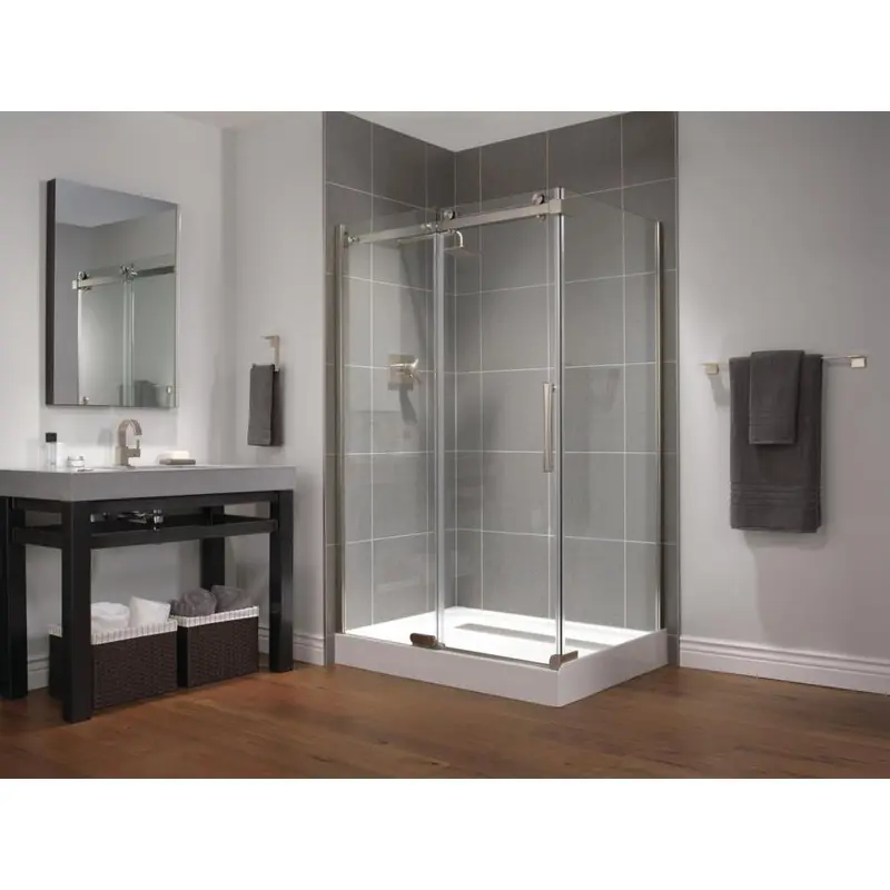 36 in. x 48 in. x 72 in. Frameless Sliding Shower Enclosure in Stainless with 48 in. x 36 in. Base Corner in White