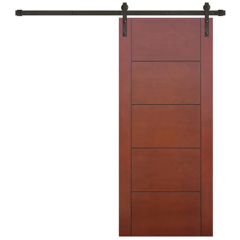 36 in. x 84 in. Contemporary Prefinished 5-Panel Flush Mahogany Wood Sliding Barn Door with Bronze Hardware KitPecan / 36 x 84 / Nickel