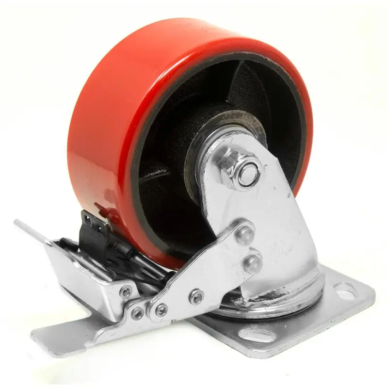 4 in. 530 lbs. Capacity Cast Iron and Polyurethane Double-Bearing  Swivel Plate Caster with Brake