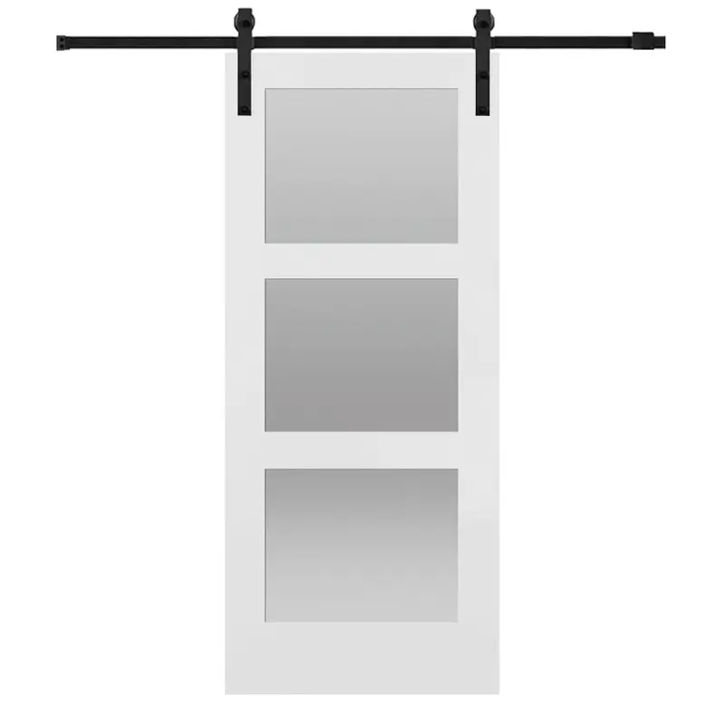 42 in. x 84 in. Shaker 3-Lite Frosted Glass Primed MDF Sliding Barn Door with Bent Strap Hardware KitPrimed / 36 x 84 / Bronze