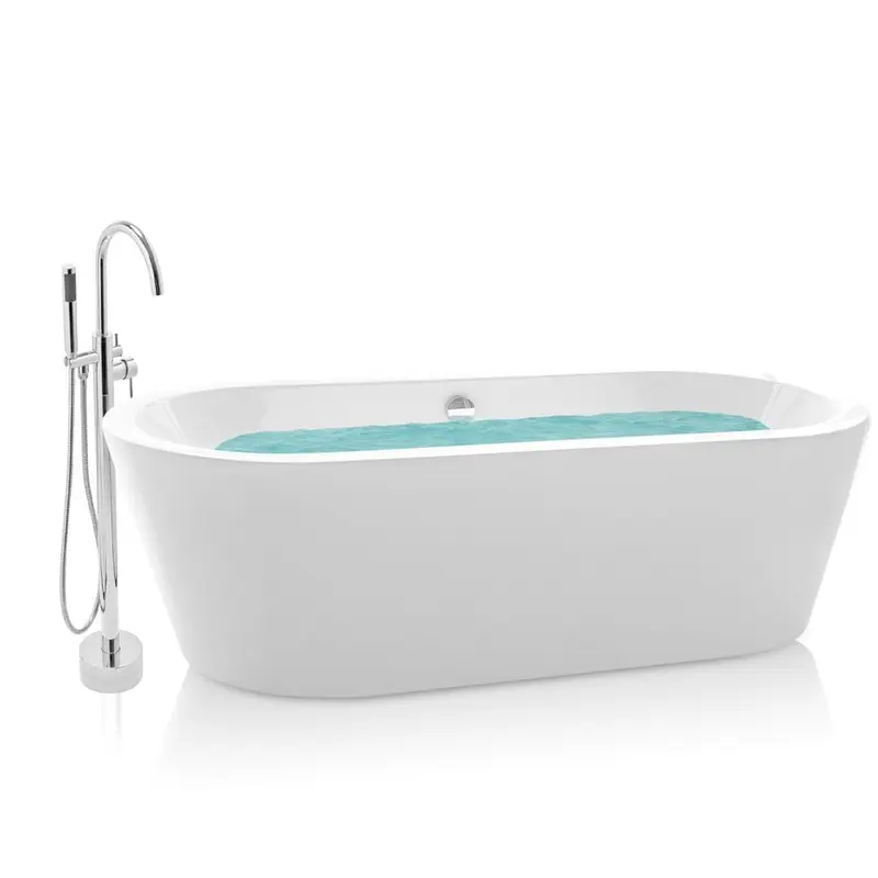 59 in. Glossy White Fiberglass Tub for Bathtub with Tub Filler Combo - Modern Flatbottom Stand Alone Tub