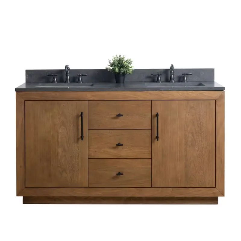 60 in. W x 21.5 in. D x 34 in. H Double Sink Bathroom Vanity in Tan with Black Limestone Top