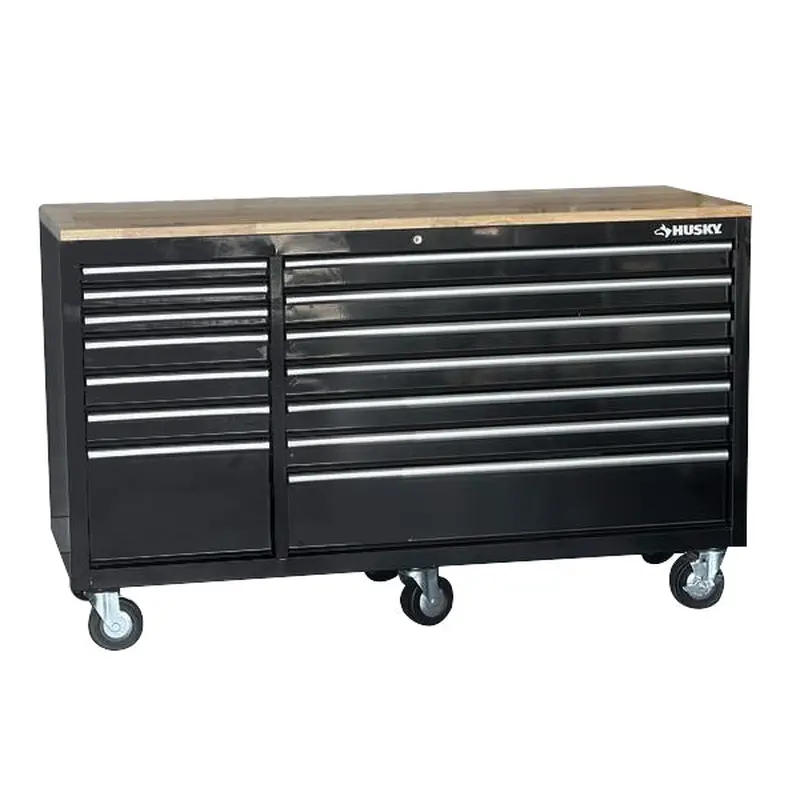 62 in. W 14-Drawer, Deep Tool Chest Mobile Workbench in Gloss Black with Solid Wood Top