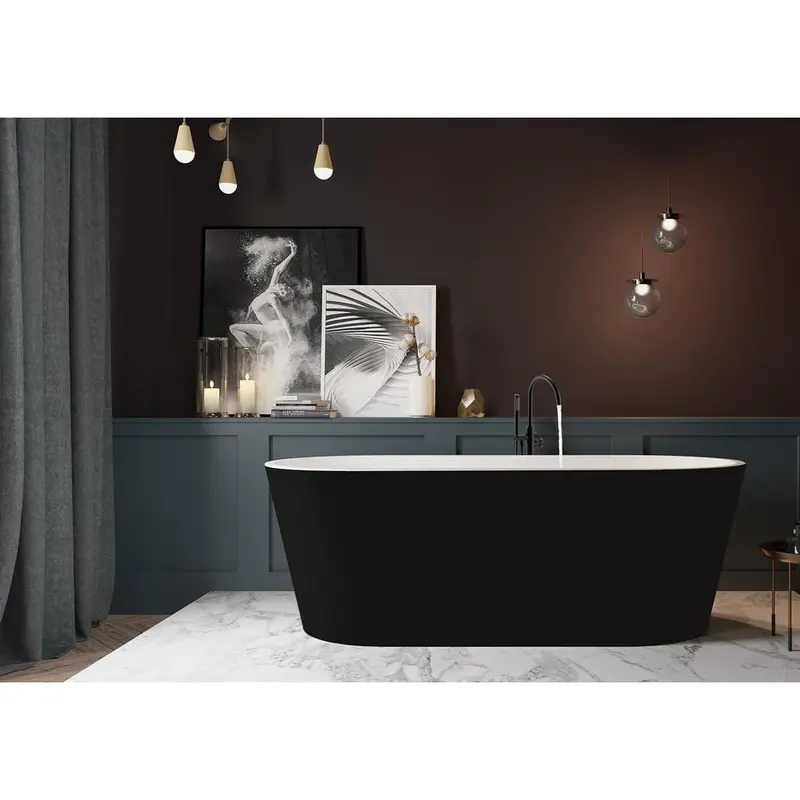 67 in. Matte Black Fiberglass Non-Whirlpool Bathtub with Tub Filler Combo - Modern Flat Bottom Stand Alone Tub