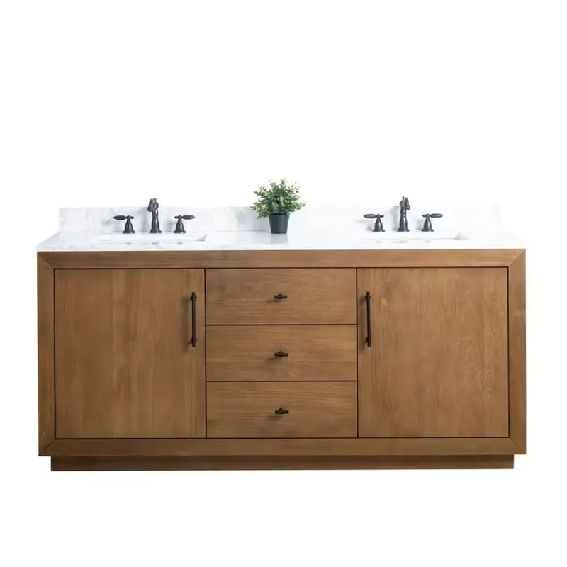 72 in. W x 21.5 in. D x 34 in. H Double Sink Bathroom Vanity in Tan with Arabescato White Engineered Marble Top