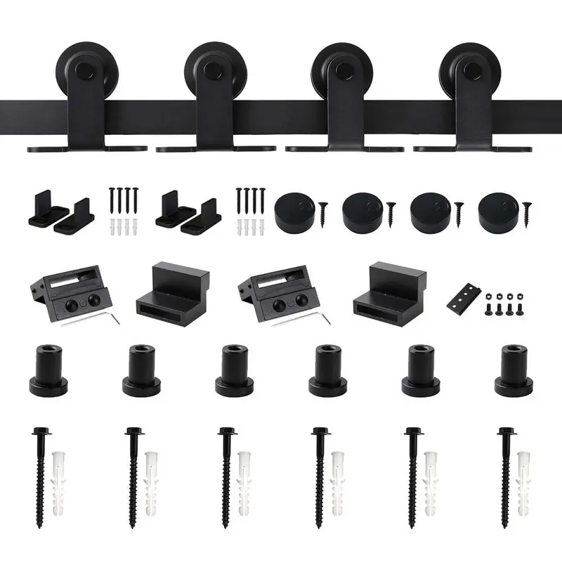 8 ft./96 in. Frosted Black Top Mount Sliding Barn Door Hardware Track Kit for Double Doors with Non-Routed Floor Guide
