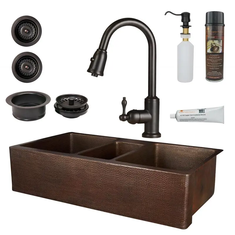 All-in-One Copper 42 in. Triple Bowl Kitchen Farmhouse Apron Front Sink with Faucet in ORB94 / each