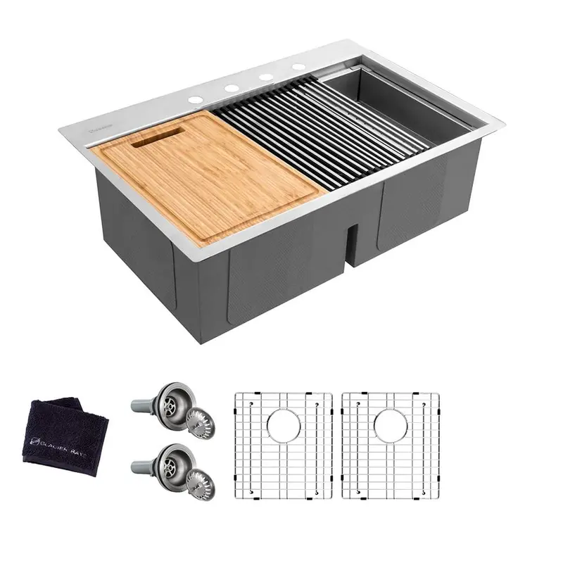 All-in-One Drop-In Stainless Steel 33 in. 4-Hole 50/50 Double Bowl Kitchen Workstation Sink with Accessories54.2 / each