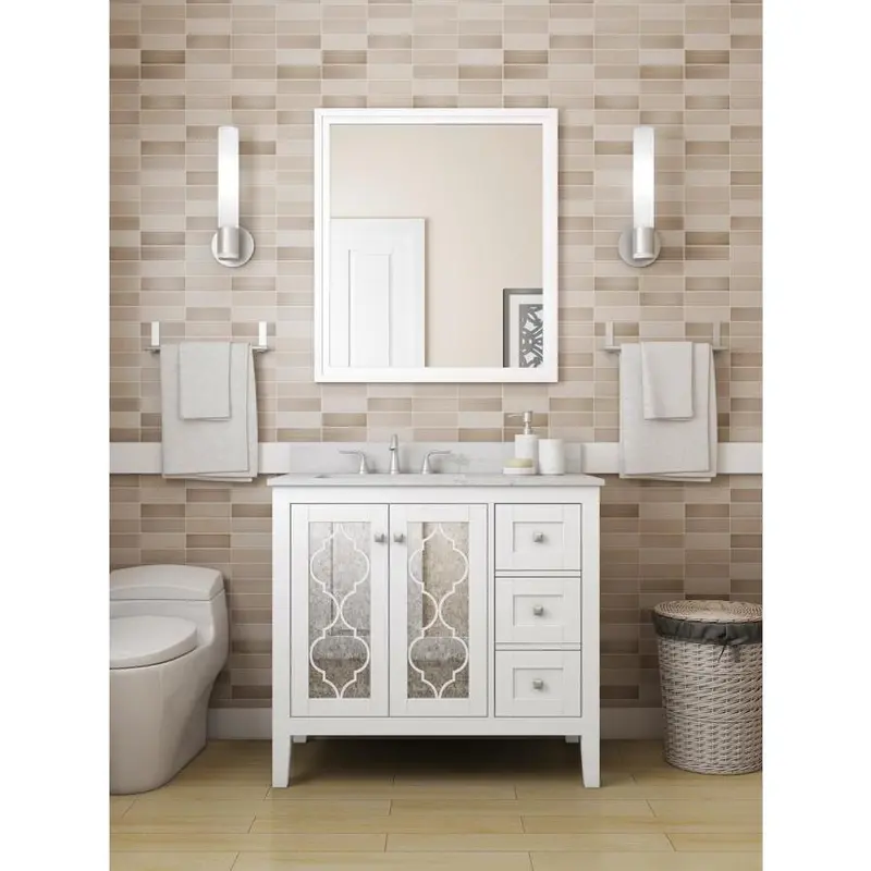 allen   roth Everdene 36-in White Single Sink Bathroom Vanity with Carrera White Engineered Stone TopGrey
