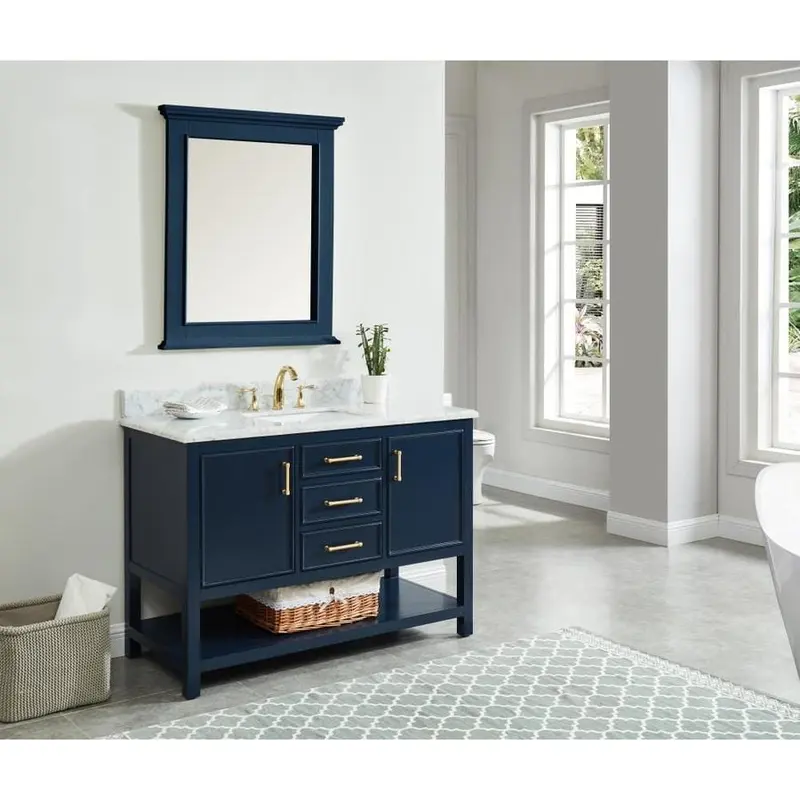 allen   roth Presnell 49-in Navy Blue Single Sink Bathroom Vanity with Carrara White Natural Marble TopNavy Blue
