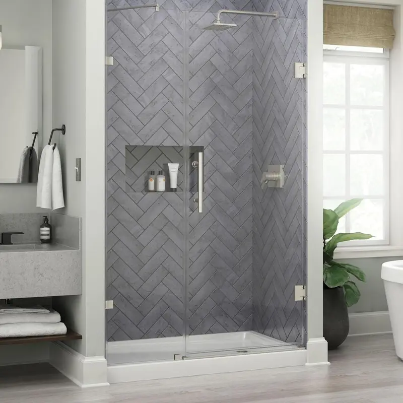 Ametrine 48 in. x 76 in. Heavy Frameless Hinge Shower Door in Brushed Nickel with 5/16 in. (8 mm) Clear Glass