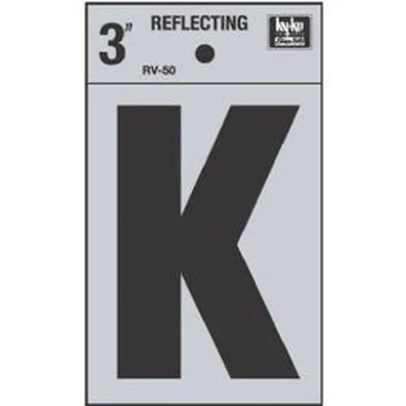 Address Letters, "K", Reflective Black/Silver Vinyl, Adhesive, 3-In.