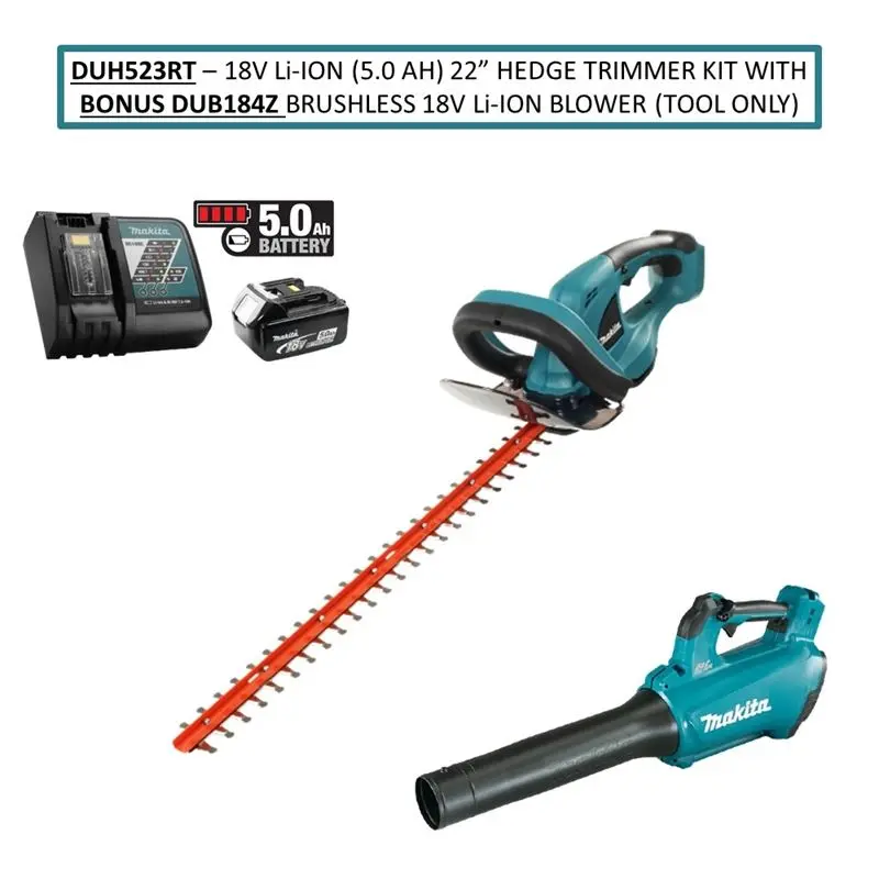 Makita DUH523RT 18V Li Ion (5.0 Ah) 22 Hedge Trimmer Kit with Bonus DUB184Z Li Ion Brushless Blower (Tool Only)
