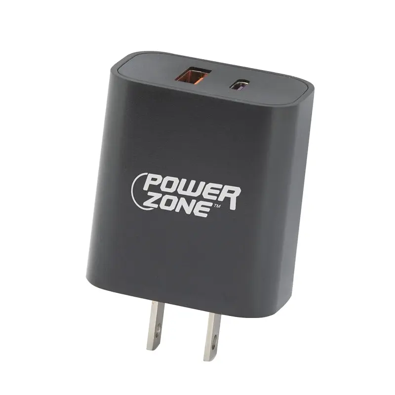 PowerZone CA-43AT PD QC Dual USB Wall Charger, 100 to 240 V Input, 3 A Charge, Black