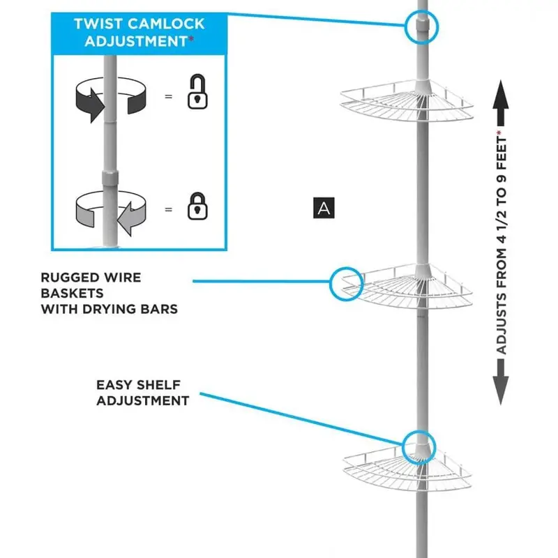 102-in H Steel Chrome Tension Pole Freestanding Shower Caddy
