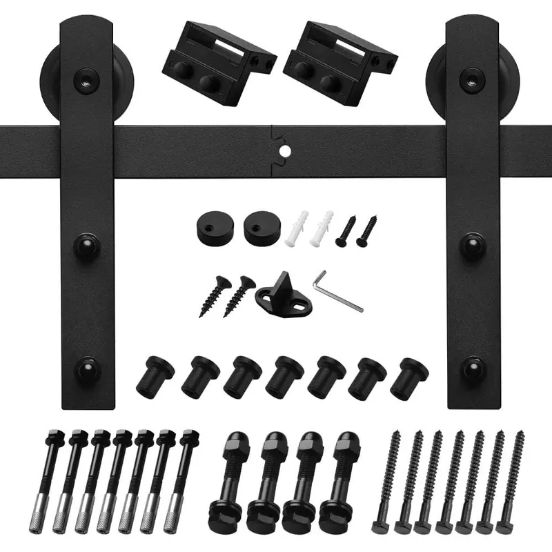 12 ft./144 in Black Straight Strap Sliding Barn Door Track and Hardware Kit for Single Door with Floor Guide