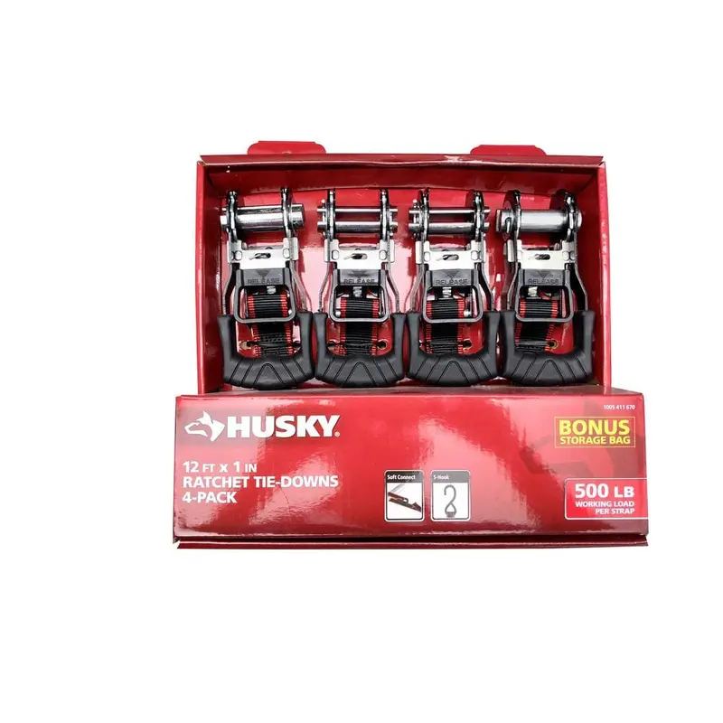 12 ft. x 1 in. Ratchet Tie Down with S-Hook (4-Pack)