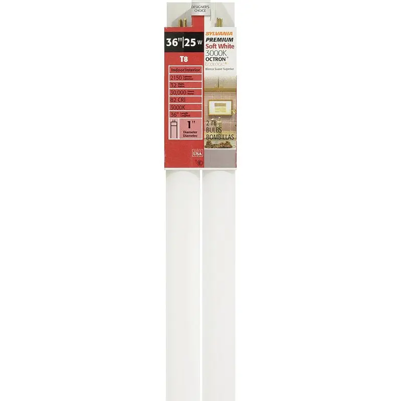 Sylvania 22363 Fluorescent Bulb, 25 W, T8 Lamp, Medium G13 Lamp Base, 2150 Lumens, 3000 K Color Temp, Warm White Light