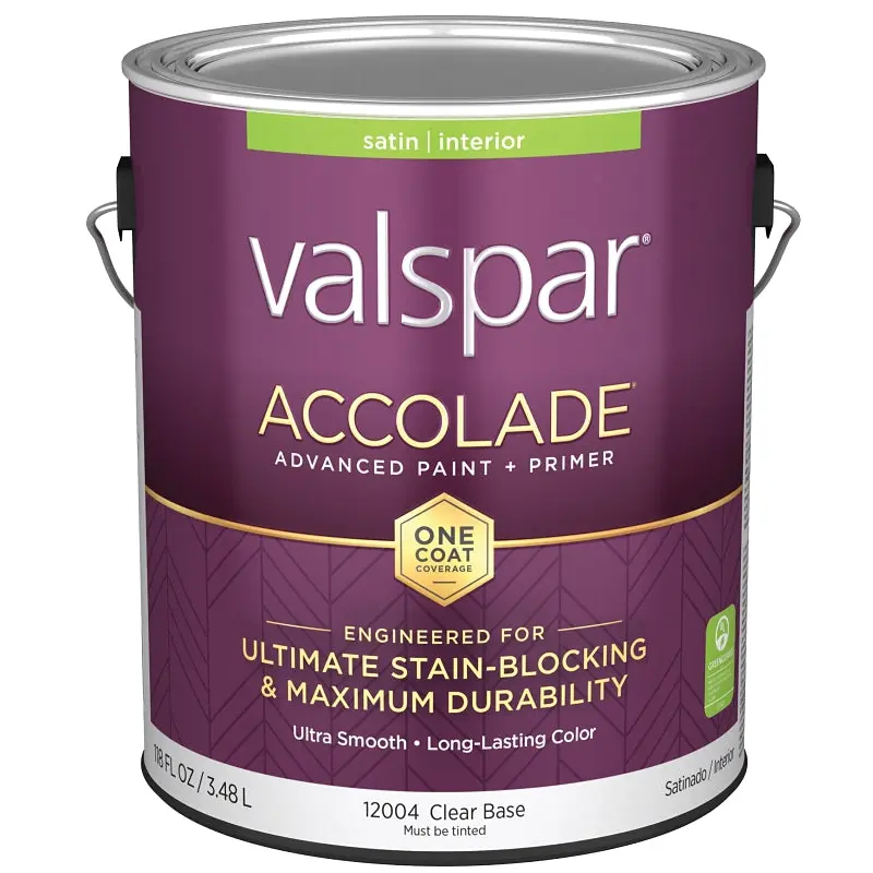 Valspar Accolade 1200 028.0012004.007 Latex Paint, Acrylic Base, Satin, Clear Base, 1 gal, Plastic Can