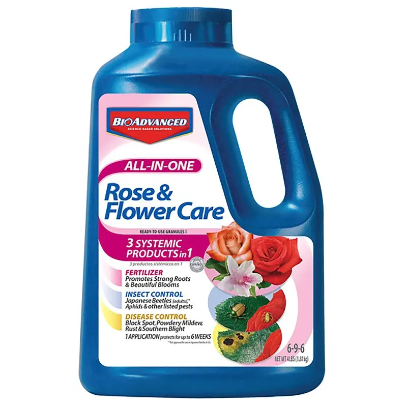BioAdvanced 701116E All-in-One Rose and Flower Care, 4 lb Bottle, Granular, 6-9-6 N-P-K Ratio
