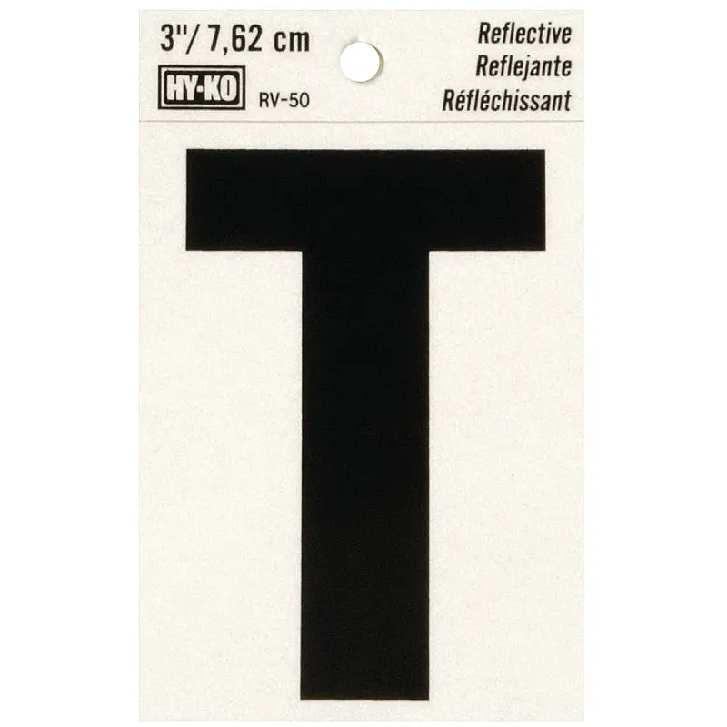 Hy-Ko RV-50/T Reflective Letter, Character: T, 3 in H Character, Black Character, Silver Background, Vinyl
